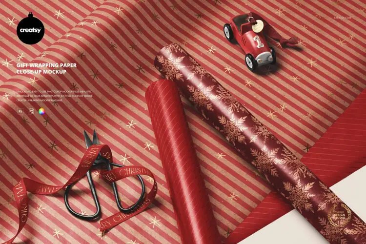 Gift Wrapping Paper Close-up Mockup 手工质感丝带节日礼物礼品包装纸印花图案设计展示效果图ps样机