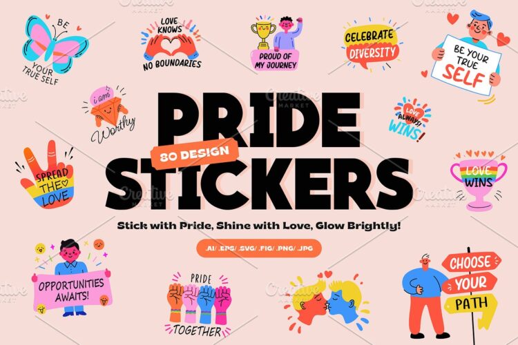 Pride Stickers Collection 80款时尚创意扁平化趣味美式卡通手绘人物插图插画ai矢量设计素材