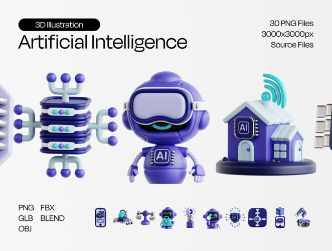 Artificial Intelligence Essential 3D Illustration 30款3D数字科技AI人工智能机器人芯片插图插画png免抠图片素材