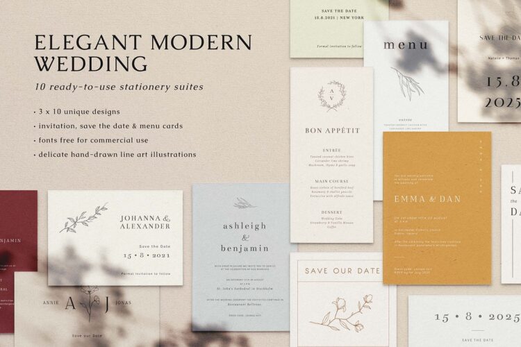 ELEGANT MODERN WEDDING | 30 Cards 10套经典现代简约时尚婚礼请柬邀请函请帖贺卡排版设计ai版式模板