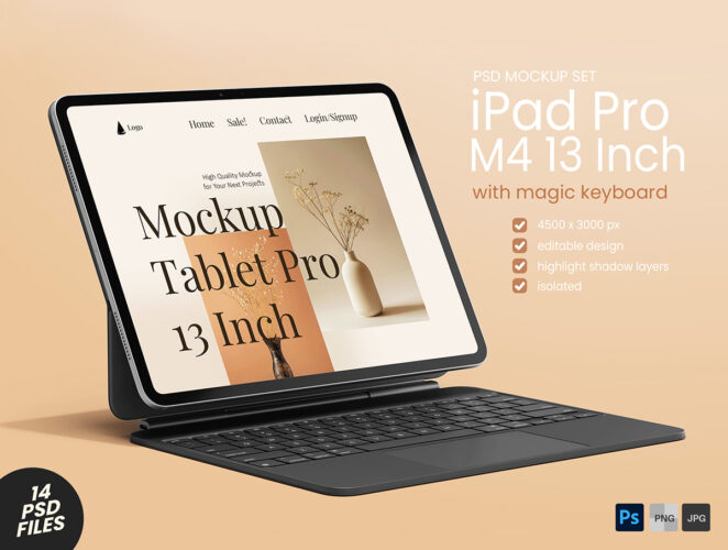 iPad Pro M4 13 Inch Display + Keyboard Pack 14款13寸iPad平板电脑ui网页网站界面设计作品展示效果图ps样机