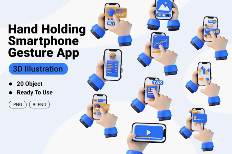 Hand Holding Smartphone Gesture App 3d Icon 20种手持智能手机操作手势3D插图插画png免抠图设计素材