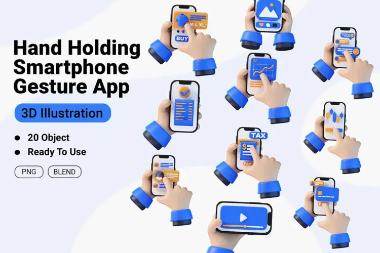 Hand Holding Smartphone Gesture App 3d Icon 20种手持智能手机操作手势3D插图插画webp免抠图设计素材