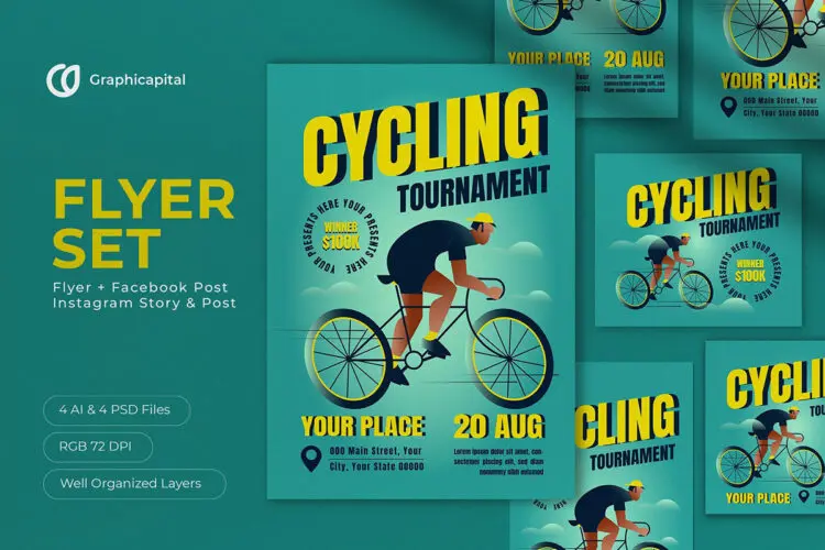 Blue Flat Design Cycling Tournament Flyer Set 自行车比赛宣传单社交媒体图文广告排版版式设计Ai/Ps分层设计素材