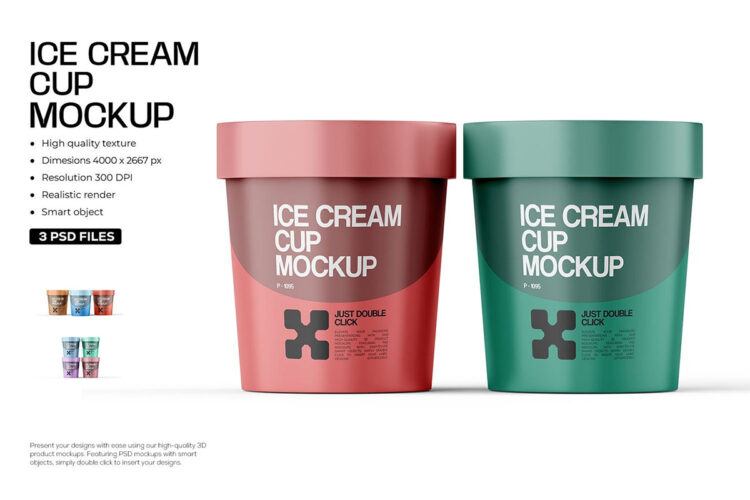 Ice Cream Cup PSD Mockup 3款冰激凌黄油奶酪塑料包装容器罐模型展示品牌logo标识设计贴图psd样机素材