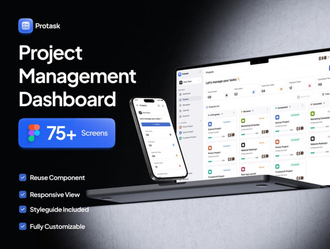 Protask – Project Management Dashboard UI Kit 75屏现代简约项目计划任务管理后台仪表盘日程规划ui界面设计模版