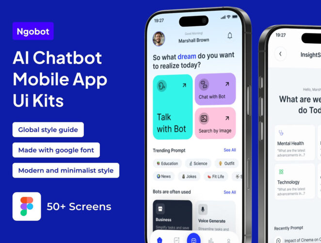 Ngobot – AI Chatbot Premium UI KIts App 50屏AI人工智能助手写作对话聊天机器人App应用ui界面设计模板