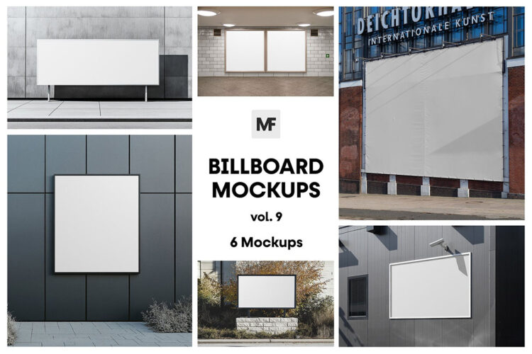 Commercial Billboard Mockups vol.9 6款户外街道墙面海报导视广告牌框架模型展示设计贴图psd样机素材