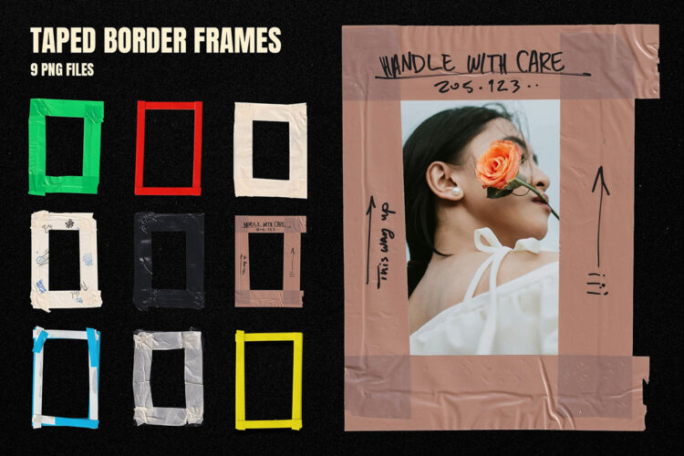 Taped Border Frames 9款复古褶皱胶带照片装饰边框png免抠图设计素材