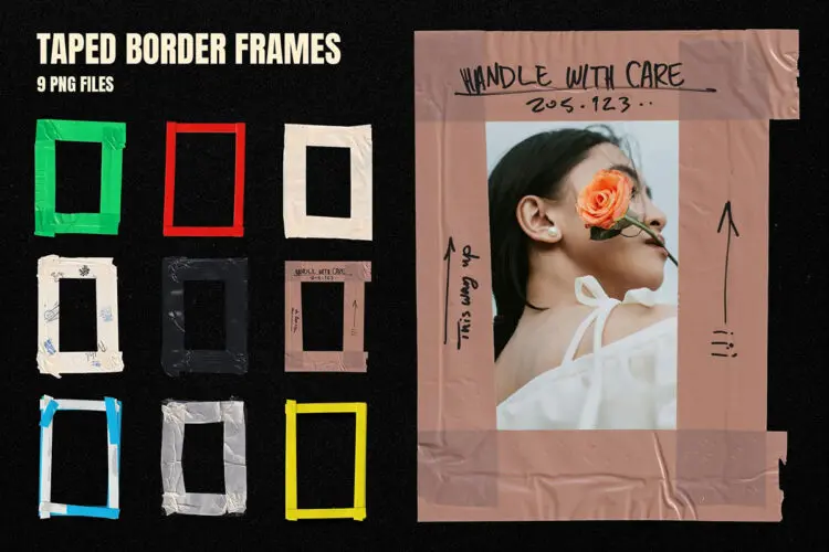 Taped Border Frames 9款复古褶皱胶带照片装饰边框webp免抠图设计素材