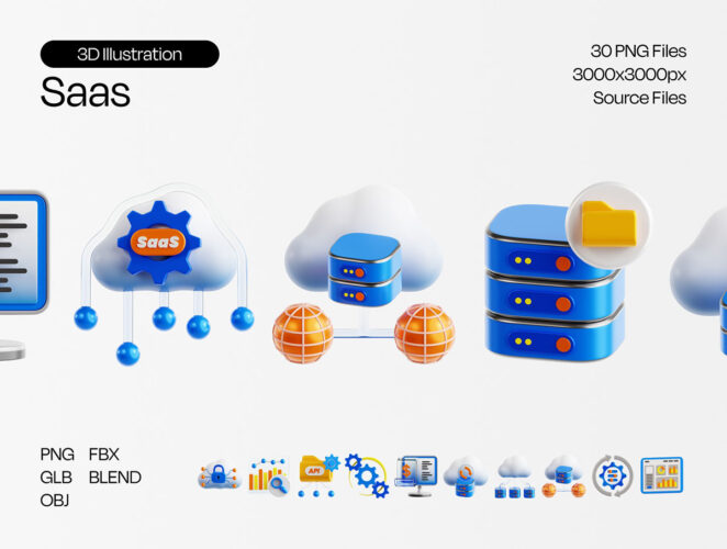 Saas 3D Illustration 30款3D软件即服务SAAS云端计算存储技术插图插画png免抠图片素材