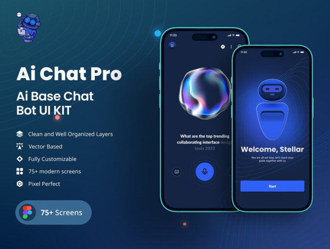 Ai chat pro AI Chatbot UI Kit ai Chatgpt 75屏Ai机器人Chatbot聊天对话应用app设计用户界面ui套件明暗模板