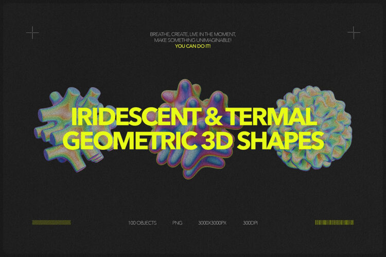 Iridescent & Termal Geometric Shapes 100款未来科幻3D全息虹彩热成像渐变抽象几何图形png免抠图片素材