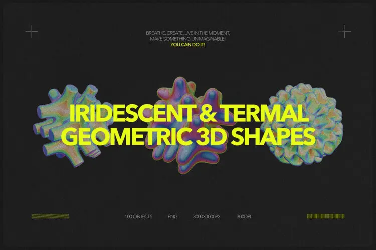 Iridescent & Termal Geometric Shapes 100款未来科幻3D全息虹彩热成像渐变抽象几何图形webp免抠图片素材