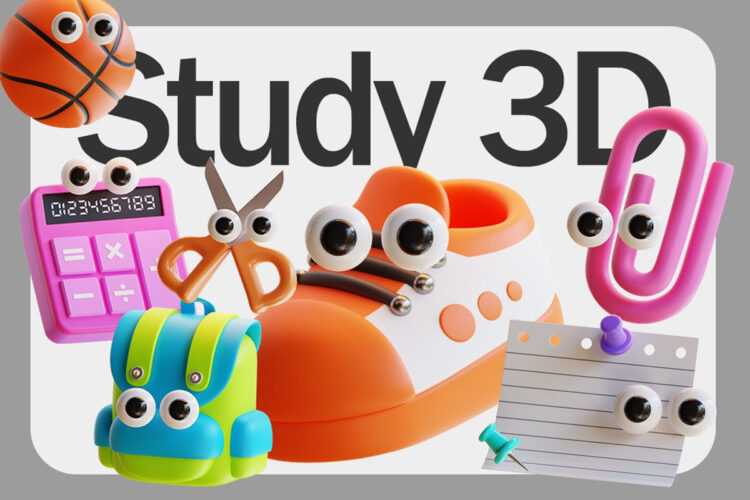 Study 3D Icon Pack 20款3D趣味卡通学习开学文具icon图标PNG免扣Blender模型