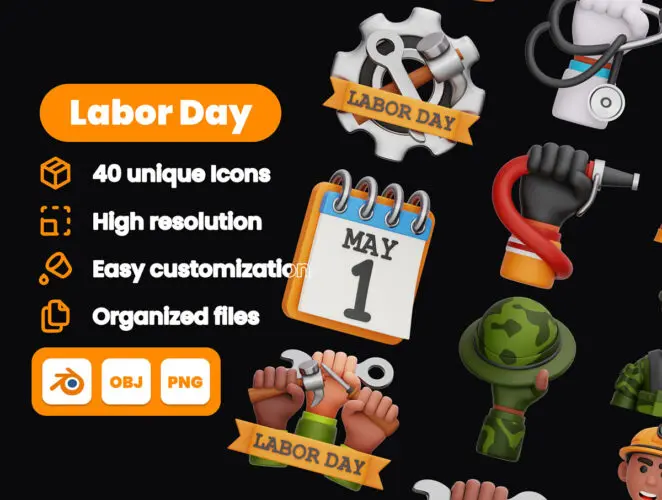 Labor Day 3D Illustration Pack 40款劳动节职业手势头像3D插图插画图标webp免抠图设计素材