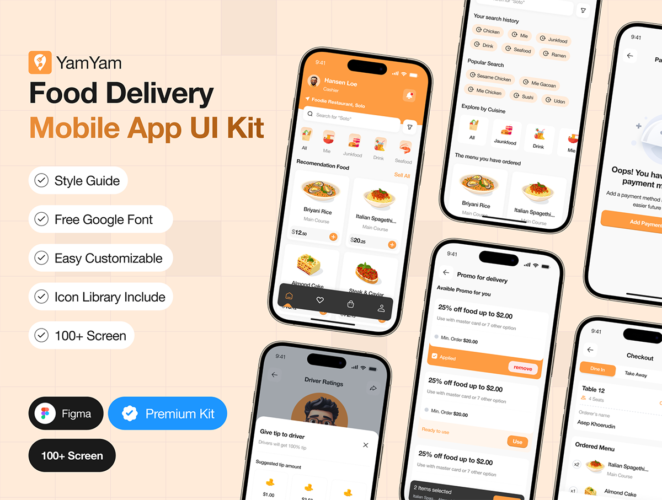 YamYam – Food Delivery App UI Kit 100屏美食预订外卖配送应用app设计ui套件模板