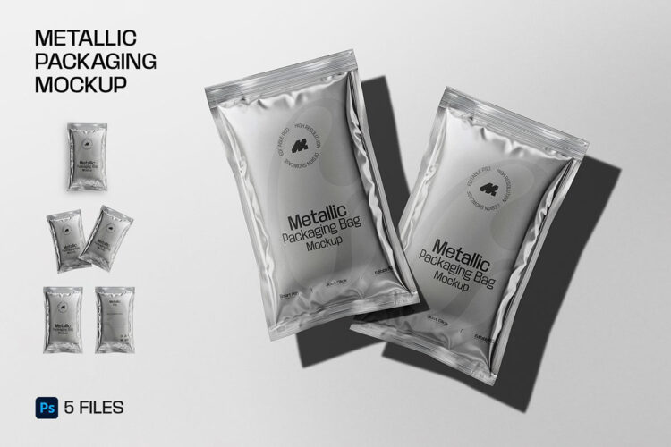 Packaging Metallic Sachet Mockup 5款食品咖啡茶包调味料铝箔独立包装袋设计展示效果图ps样机素材