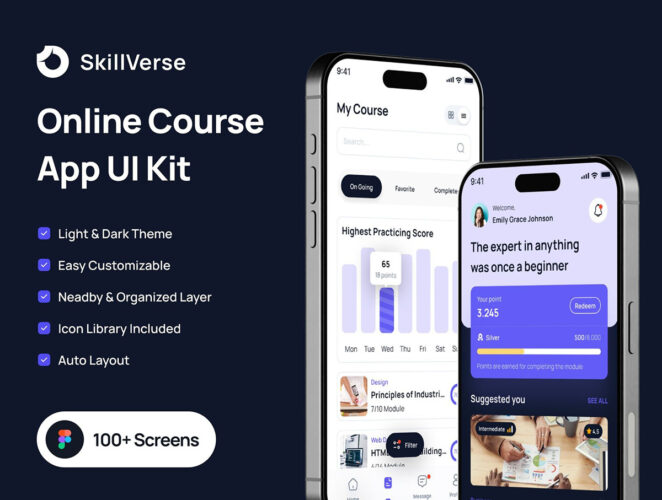 Skillverse – Online Learning UI Kit 100屏高品质在线教育学习课程应用app设计用户界面ui套件明暗模板