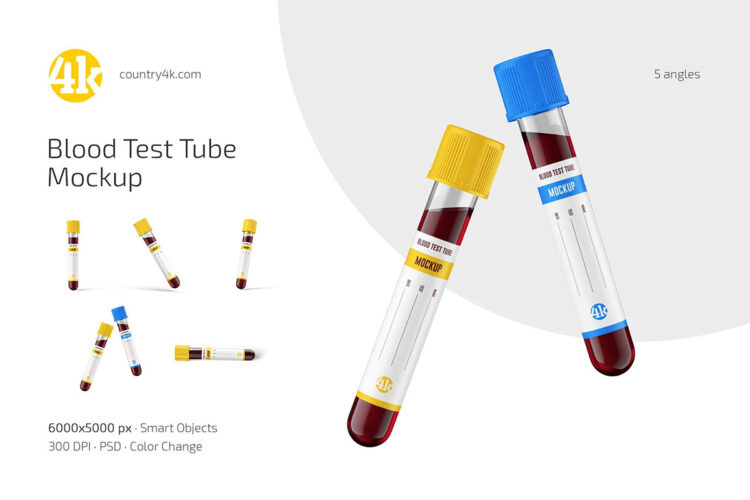 Blood Test Tube Mockup Set 5款血液采集真空采血管模型品牌包装标签设计贴图psd样机素材