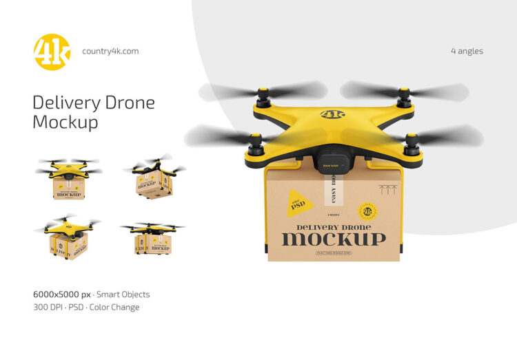 Delivery Drone Mockup Set 4款无人机送货纸箱纸盒模型展示设计贴图psd样机素材