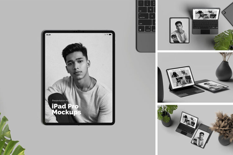 iPad Pro Mockups 带键盘的苹果iPad Pro 设备模型屏幕展示设计贴图ps数码样机素材模板