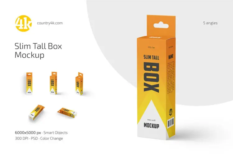 Slim Tall Box Mockup Set 5款高箱纸盒模型展示品牌包装设计贴图psd样机素材