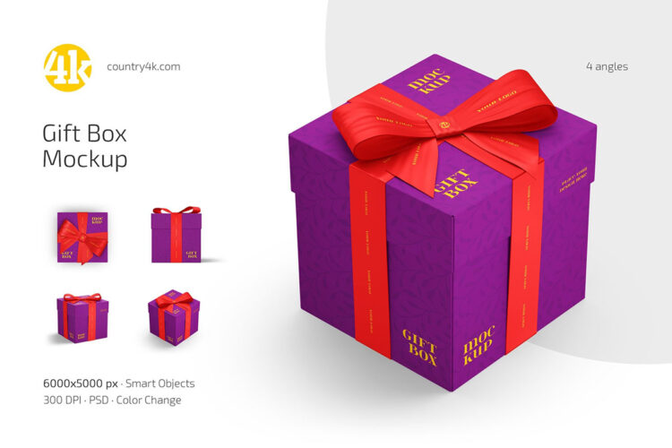 Gift Box Mockup Set 4款丝带蝴蝶结礼盒模型品牌包装设计贴图psd样机素材