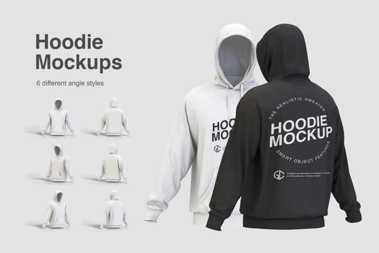 Hoodie Mockups 6款长袖运动连帽衫卫衣模型品牌logo印花图案设计贴图psd样机素材