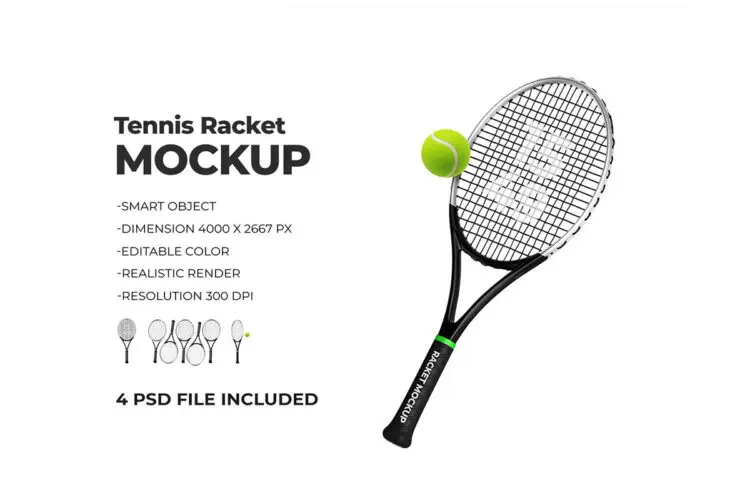 Tennis Racket With Ball Mockup 专业网球拍训练球拍线logo标识设计贴图ps样机素材展示效果图