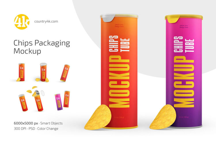 Chips Packaging Mockup Set 5款食品包装薯片密封罐模型品牌logo标识设计贴图psd样机素材