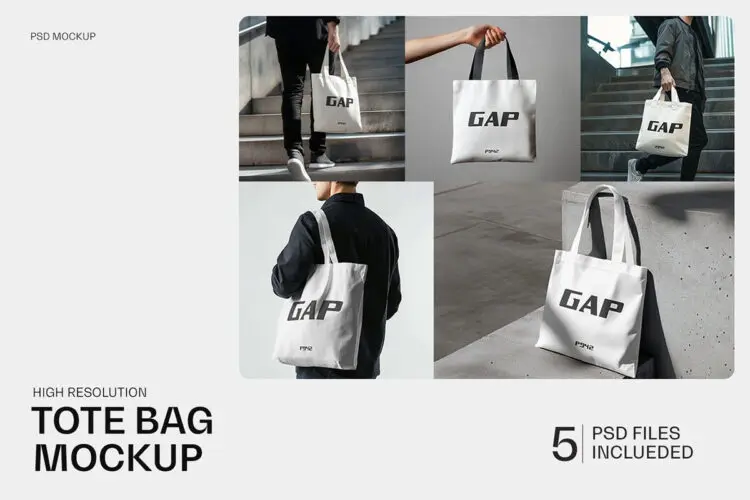 Tote Urban Bag Mockup 5款帆布托特包单肩手提环保购物袋文创设计作品ps样机展示效果图