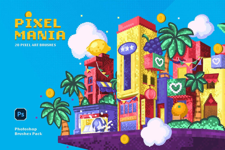 Pixel Mania Photoshop Brushes 20款潮流复古怀旧低保真点阵马赛克游戏像素风插画ps笔刷设计素材