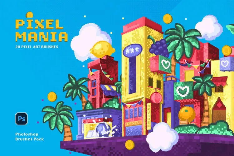 Pixel Mania Photoshop Brushes 20款潮流复古怀旧低保真点阵马赛克游戏像素风插画ps笔刷设计素材