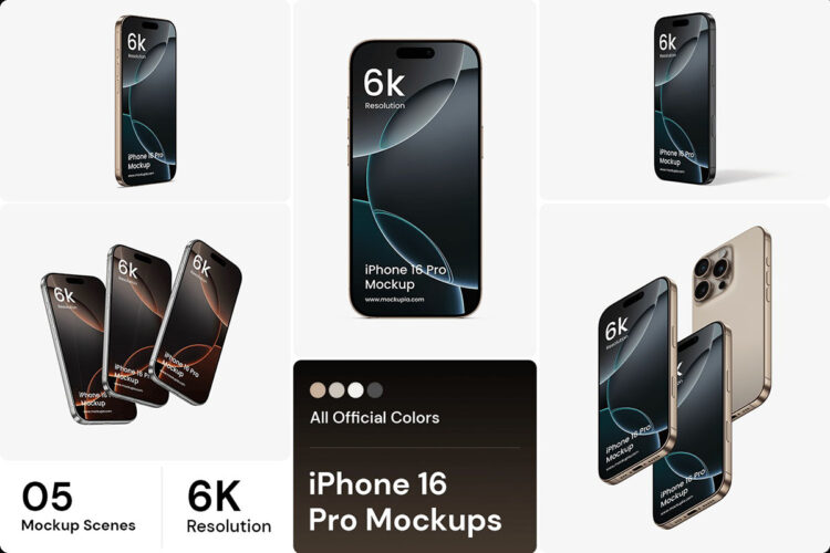 iPhone 16 Pro Mockup 5款苹果16 Pro手机模型屏幕展示设计贴图psd样机素材