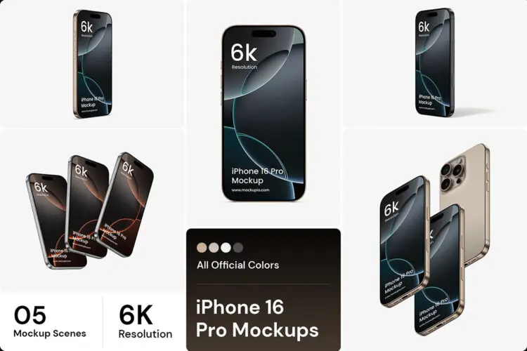 iPhone 16 Pro Mockup 5款苹果16 Pro手机模型屏幕展示设计贴图psd样机素材