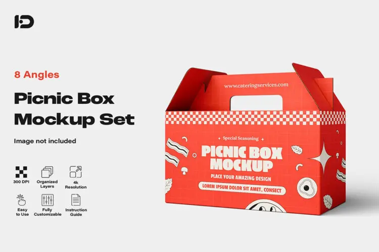 Picnic Box Mockup Set 8款食品包装野餐纸板盒模型品牌logo标识设计贴图psd样机素材