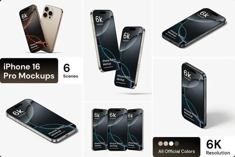 iPhone 16 Pro Mockup 6款苹果16 Pro手机模型展示设计贴图psd样机素材