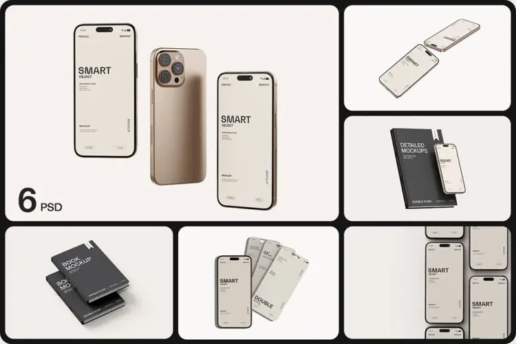 Phone With Book Mockup 6款iPhone 16手机书籍封面ui界面设计作品展示效果图ps样机素材