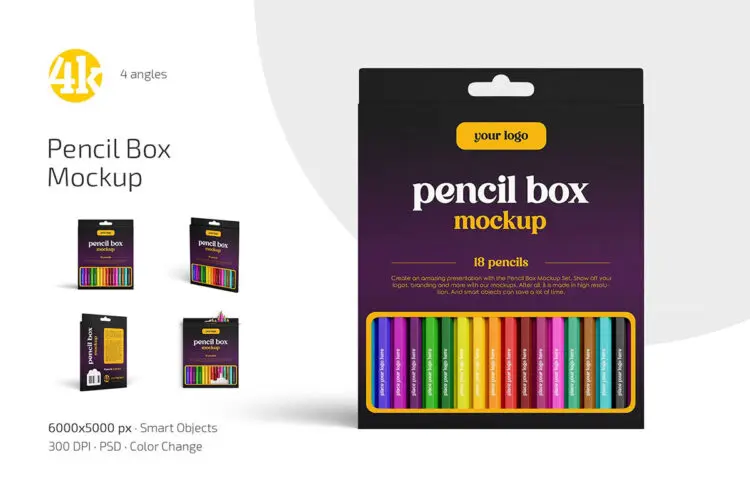 Pencil Box Mockup Set 铅笔画笔蜡笔包装纸盒模型品牌包装设计贴图ps样机素材模板