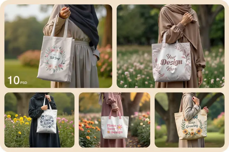 Women Holding Canvas Tote Bag Mockup 帆布包环保袋托特包单肩包拎袋设计作品贴图ps样机素材展示模板