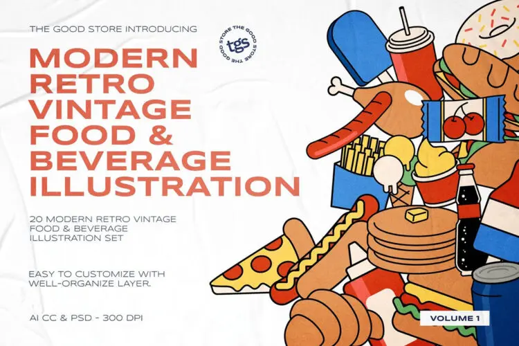 Midcentury Food Beverages Illustration Set 复古卡通手绘餐饮快餐食物饮料冰激凌插图插画Ai/Ps分层设计矢量素材