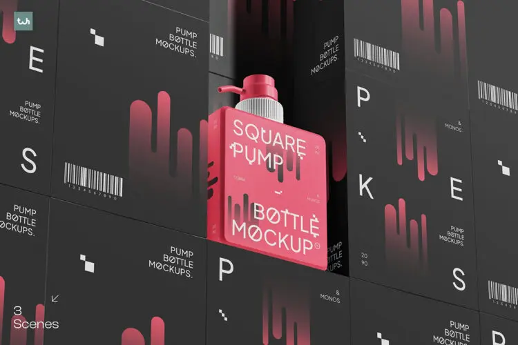 Square Pump Bottle Mockup 004 3款方形泵瓶化妆品模型品牌包装设计贴图psd样机素材