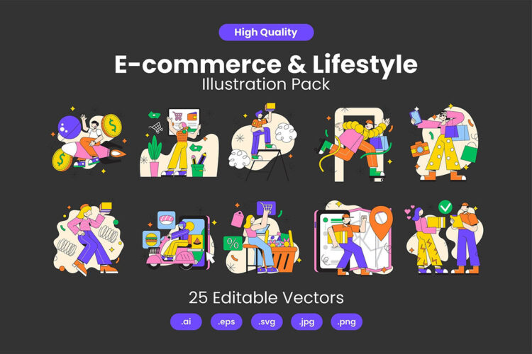 Ecommerce and Lifestsyle Illustrations 25幅电商营销购物生活场景剪切画矢量插图插画设计素材