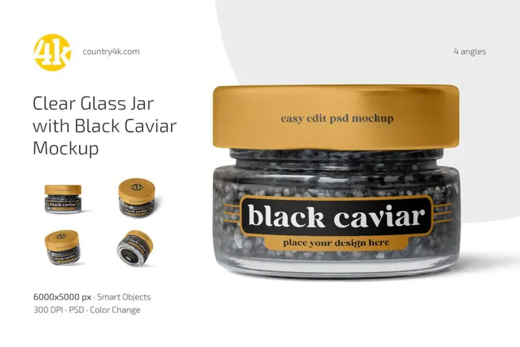 Clear Glass Jar with Black Caviar Mockup Set 4款鱼子酱透明玻璃罐模型品牌包装设计贴图psd样机素材