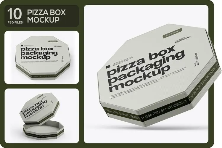 Pizza Box Mockup 10款八边形披萨纸盒匹萨外卖包装盒设计贴图ps样机素材展示效果图