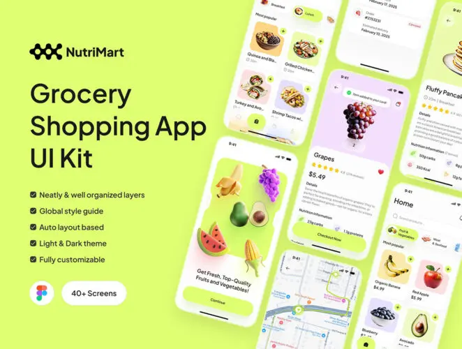 NutriMart – Grocery Shopping App UI Kit 40+瓶现代时尚水果美食杂货店商城超市在线下单购买外卖配送app ui界面设计