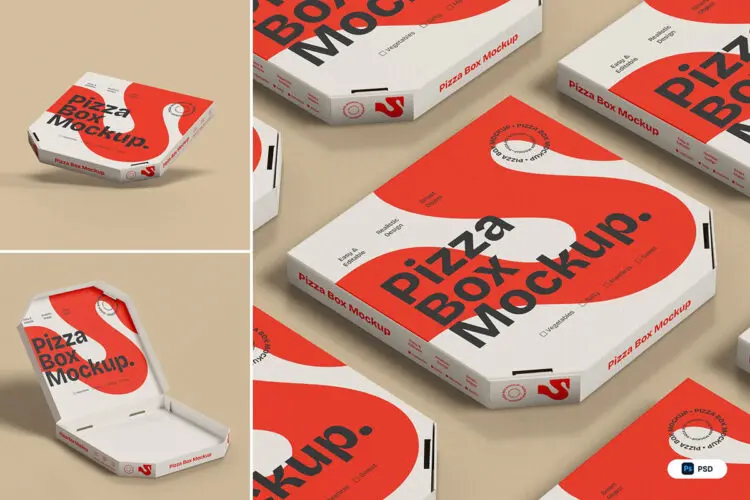 Pizza Box Mockup 3款披萨包装纸盒模型品牌logo标识设计贴图psd样机素材
