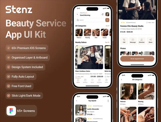 Stenz – Beauty Service App UI Kit 65屏美容美发服务 Figma IOS 应用程序深浅双配色 UI 套件