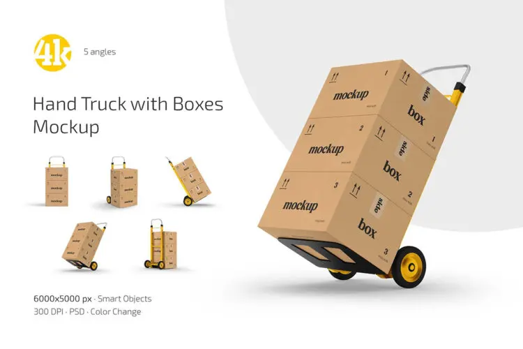 Hand Truck with Boxes Mockup Set 带箱子的手推车快递物流样机集